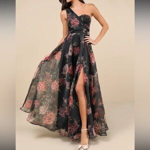 Lulu's Black Floral One Shoulder Dress